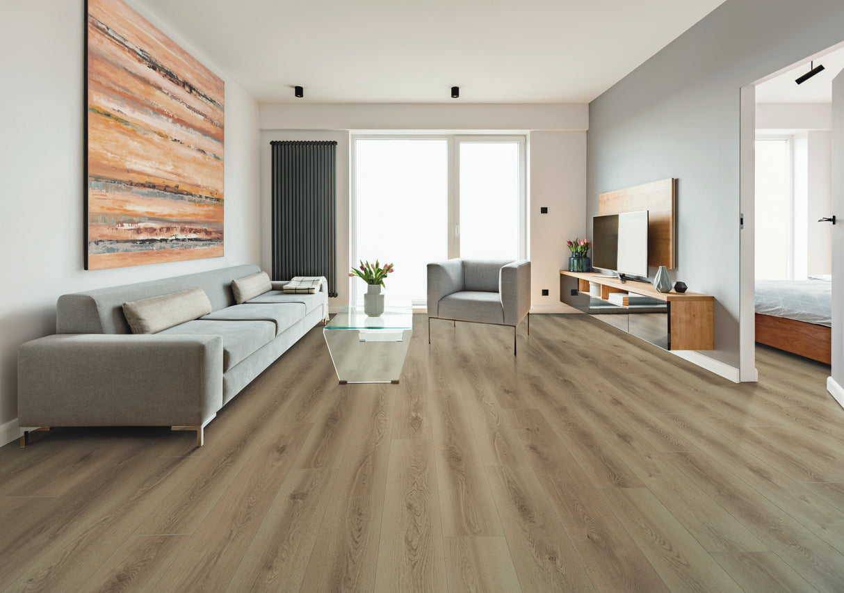 Lavie L Series L-06 Golden Oak 12 mm T x 9.37" In W x 59.6" In L AC5 HDF Click-Lock Waterproof Laminate Plank Flooring (23.29 sf / box)